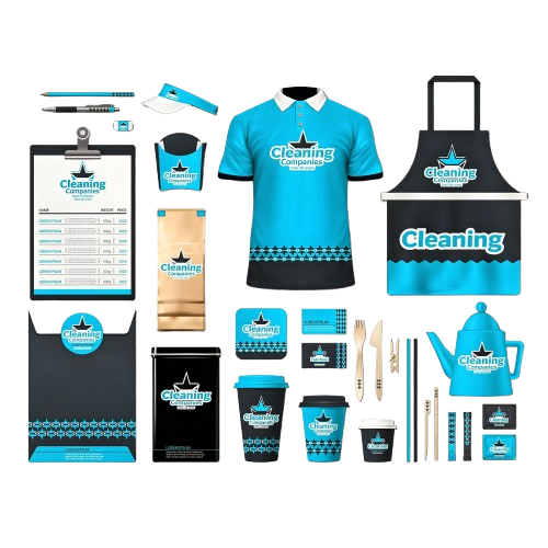 cleaning company branding including uniforms business cards and vehicle stickers